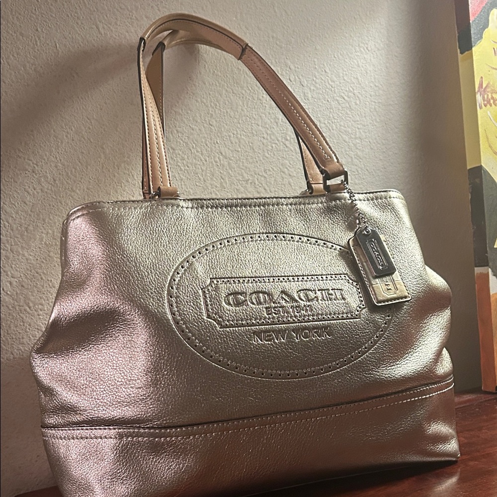Coach Metallic Gold Shoulder Tote with Tan Handles